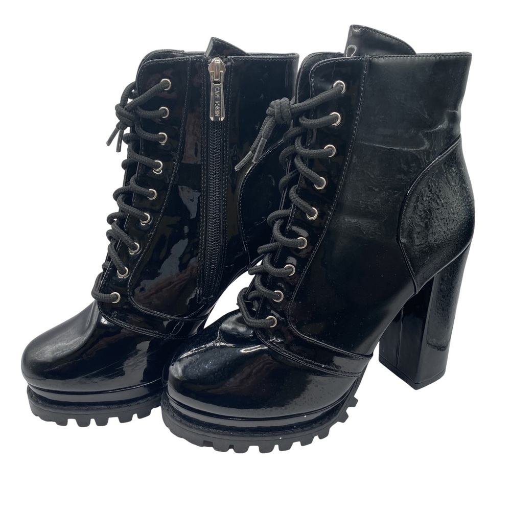 Cape Robbin Crush Black Patent Leather Lace-Up Heeled Combat Boots